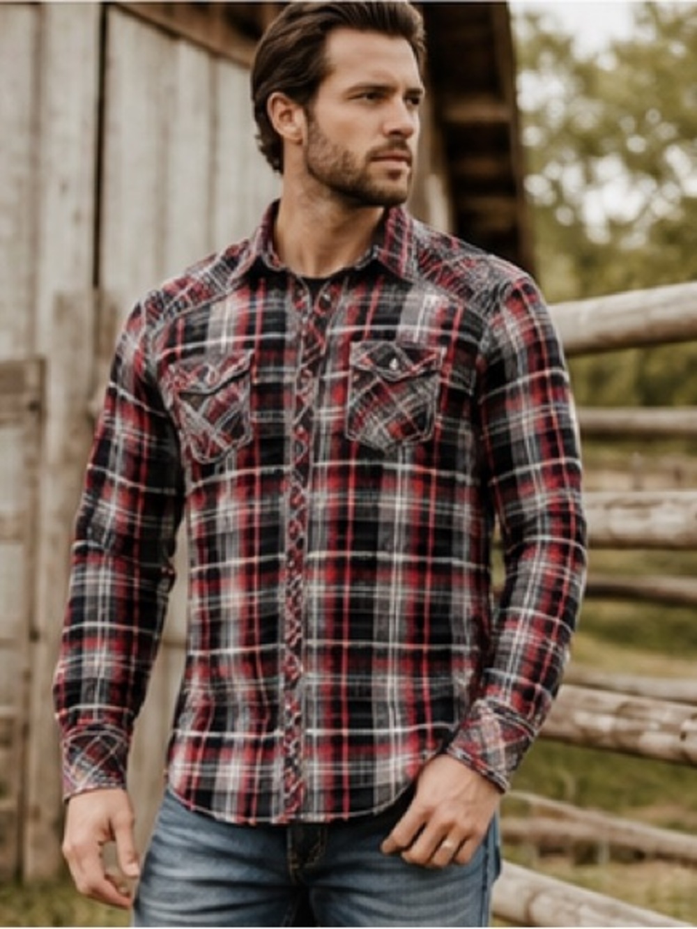 Buckle Black Athletic Fit Plaid Western Button Shirt L Red Gray Embroidered Yoke